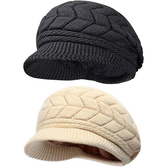 〽️ Women’s _2hats(black+beige) Winter Warm Knit Wool Snow Ski Hat with Visor main image 6